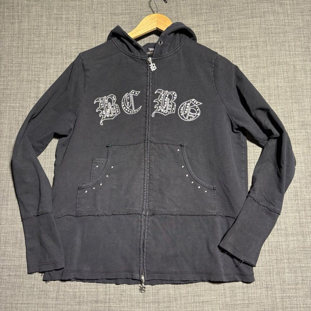 Y2K BCBG MAXAZRIA Women's 1X BLACK Zip Up HOODED Sweatshirt With Rhinestones